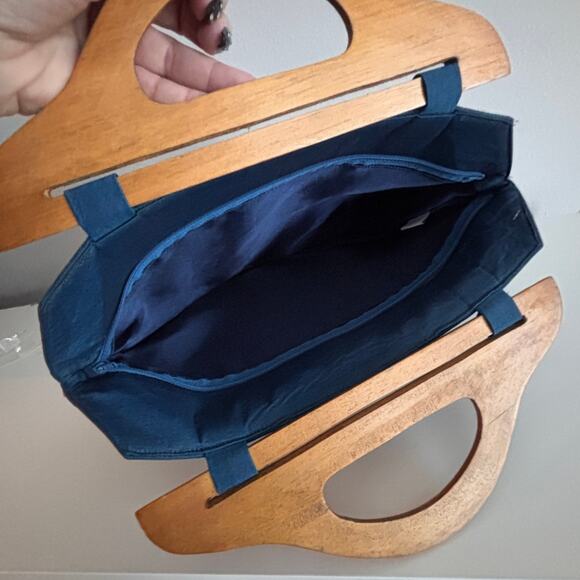 Vtg Doctor Bag Blue Satin Seashell Sequin Wood Top Handle Tote Retro Funky - Picture 3 of 10